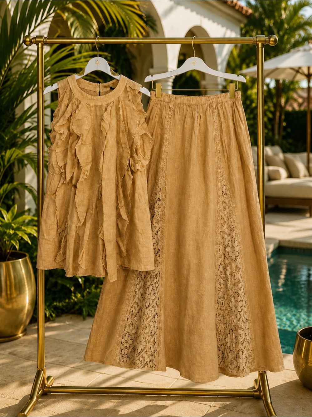 Made in Italy Beige Ruffled Linen Top & Lace-Panel Skirt Set OS